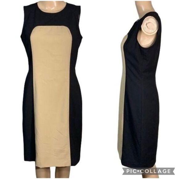 Calvin Klein Womens Sheath Dress Colorblock Black Brown Career Cocktails Size 4 - Picture 1 of 9